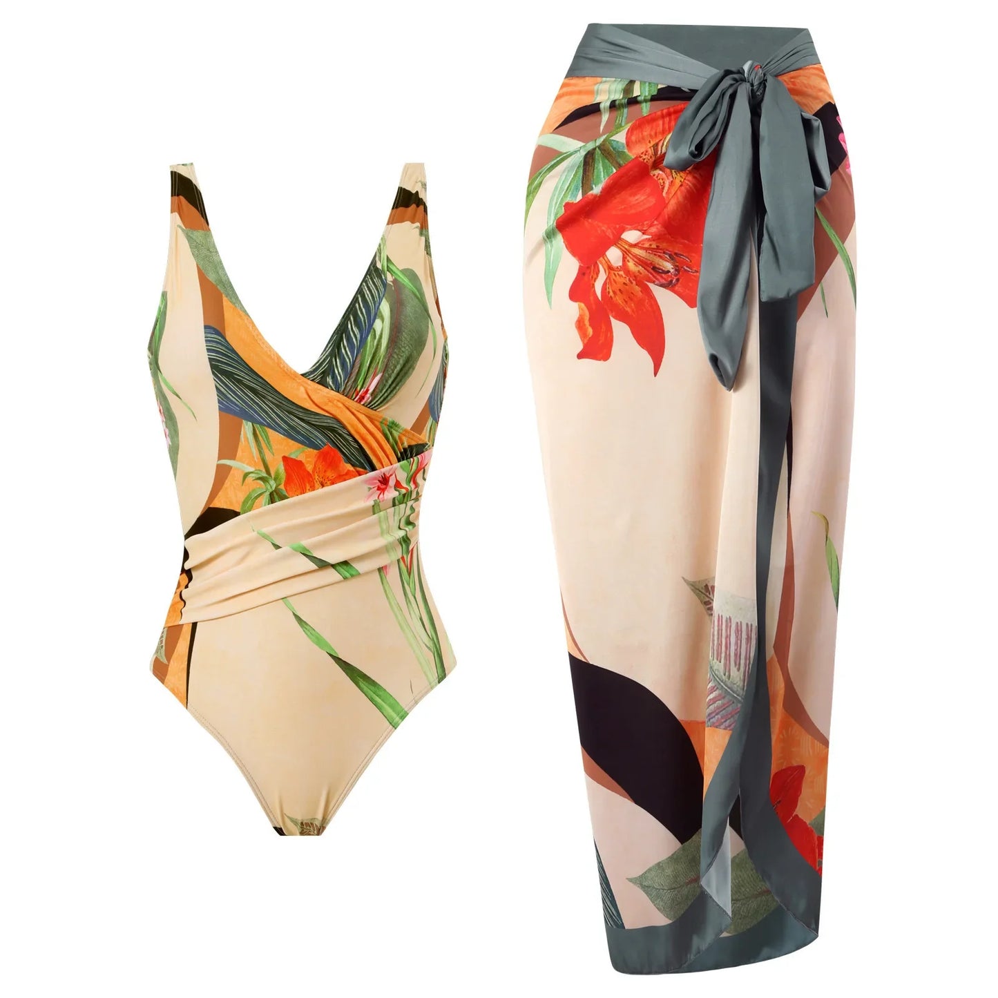 Conjunto de Traje de Baño Completo Drapeado y Falda Estampada Tropical Ref: 0568