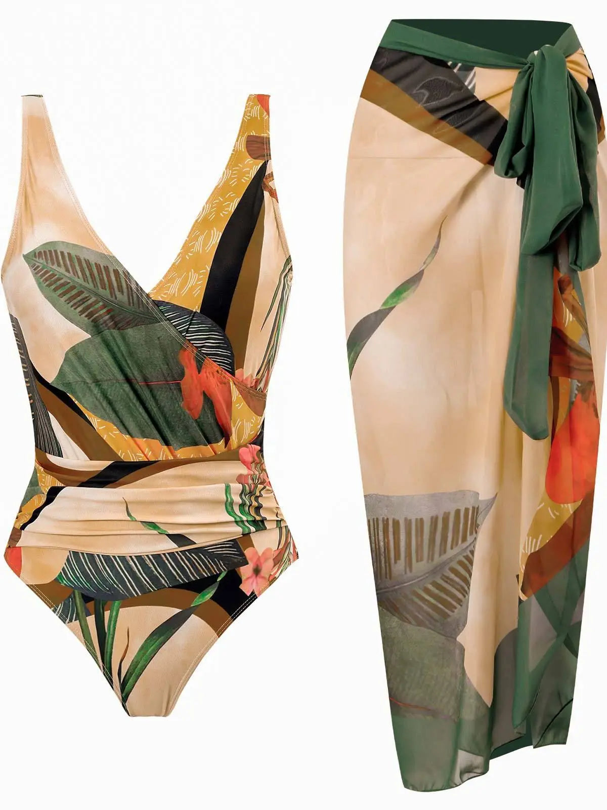 Conjunto de Traje de Baño Completo Drapeado y Falda Estampada Tropical Ref: 0568