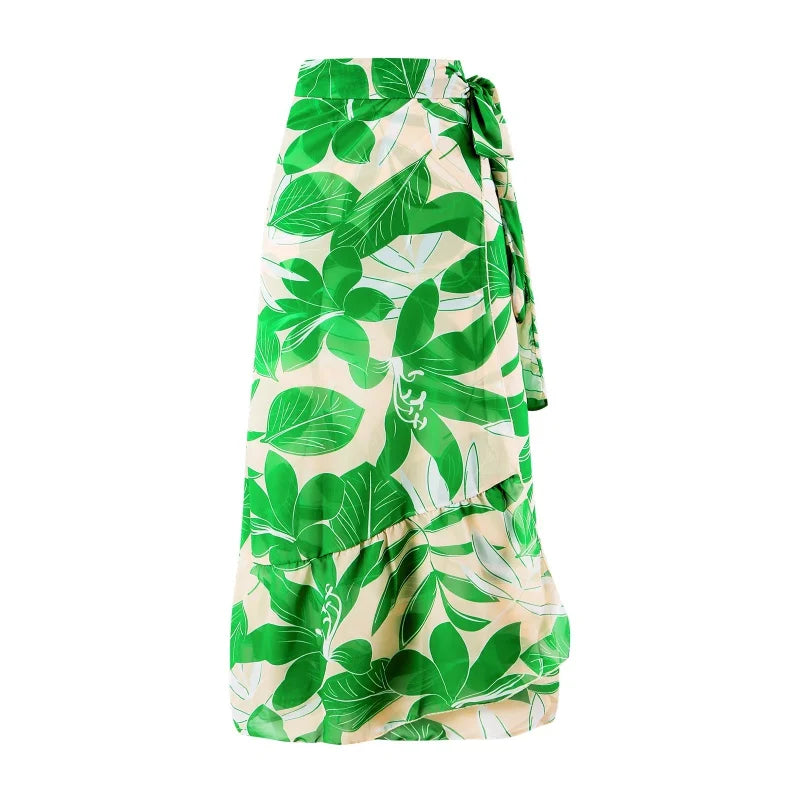 Conjunto Estampado con Traje de Baño Completo Escote en V y Falda Pareo Ref: 0550