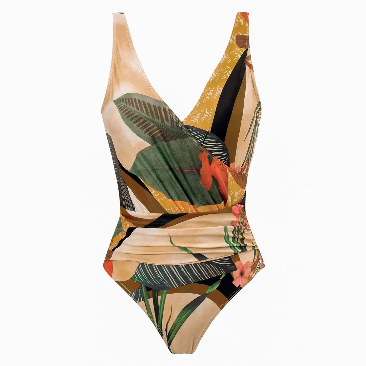 Conjunto de Traje de Baño Completo Drapeado y Falda Estampada Tropical Ref: 0568