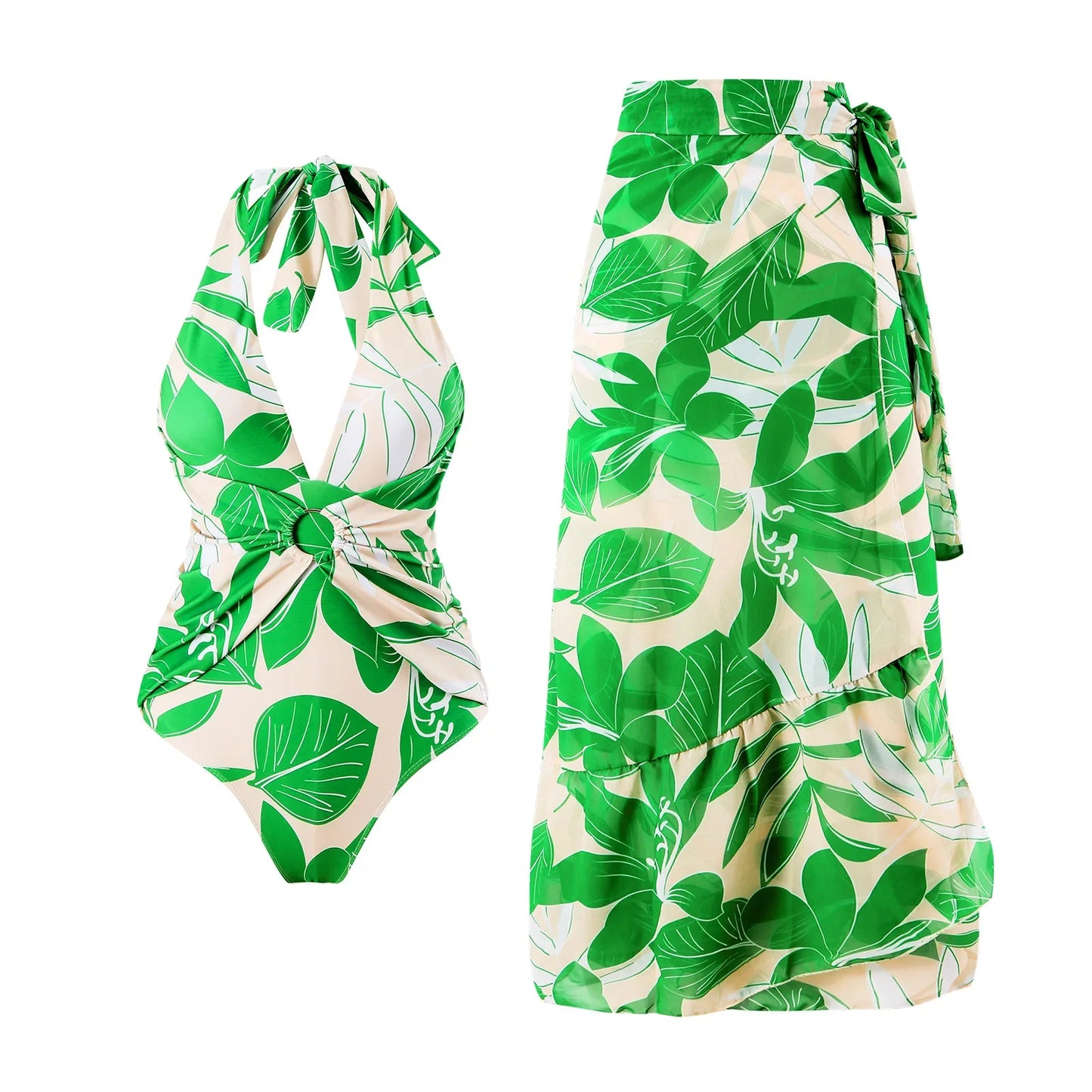 Conjunto Estampado con Traje de Baño Completo Escote en V y Falda Pareo Ref: 0550