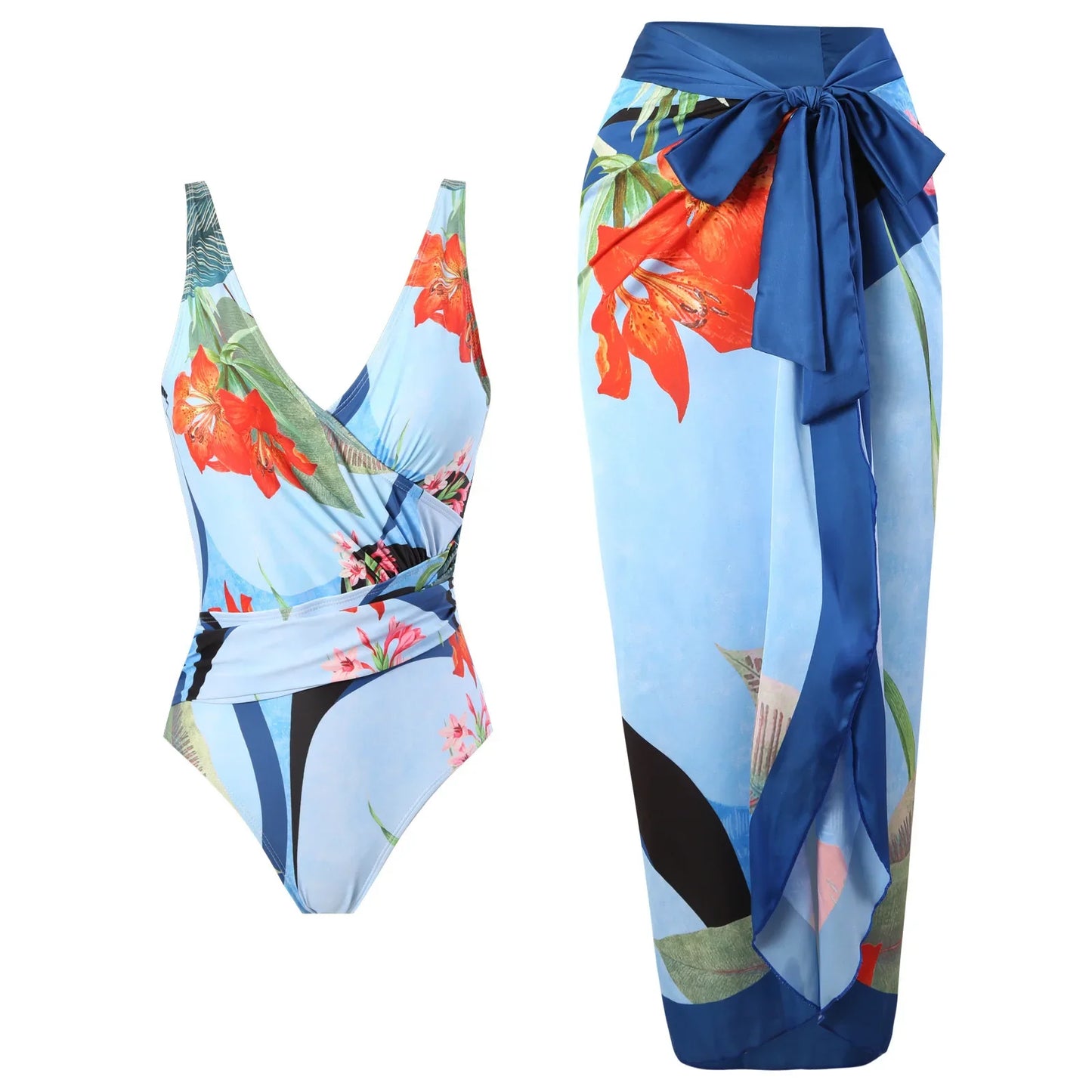 Conjunto de Traje de Baño Completo Drapeado y Falda Estampada Tropical Ref: 0568