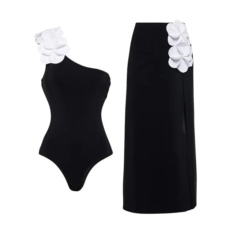 Conjunto de Traje de Baño Completo y Falda con Aplique Floral Ref: 0324