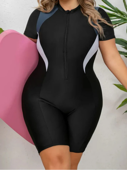 Traje de Baño Completo Plus Size Deportivo con Mangas Cortas y Cremallera Ref: 0613