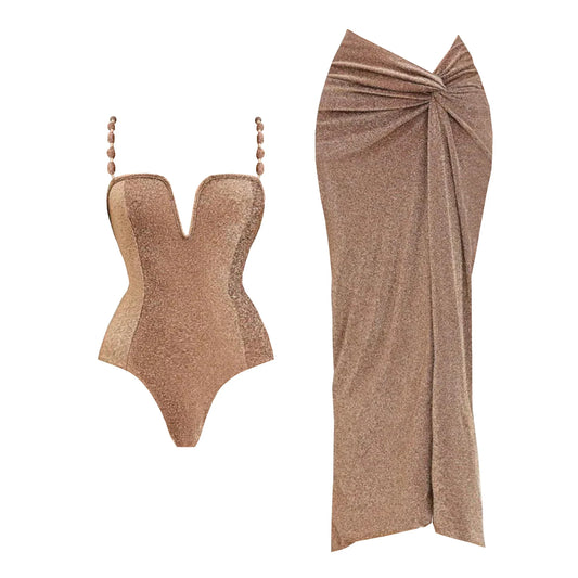 Conjunto de Traje de Baño Completo Texturizado con Falda Drapeada Ref: 0562