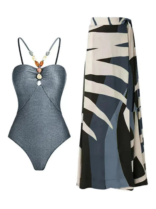 Conjunto con Traje de Baño Completo Texturizado y Falda Estampada Ref: 0345