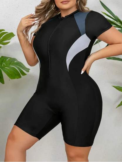 Traje de Baño Completo Plus Size Deportivo con Mangas Cortas y Cremallera Ref: 0613