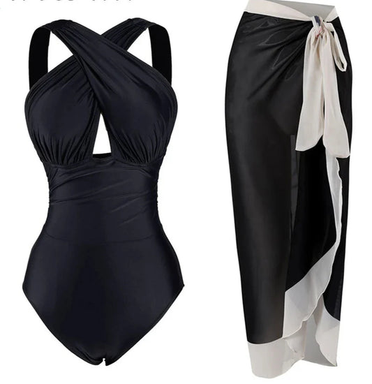 Conjunto de Traje de Baño Completo Negro Liso y Falda Pareo Estampada Ref: 0561