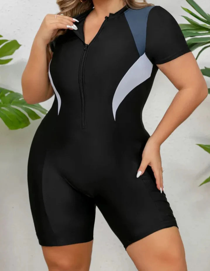 Traje de Baño Completo Plus Size Deportivo con Mangas Cortas y Cremallera Ref: 0613