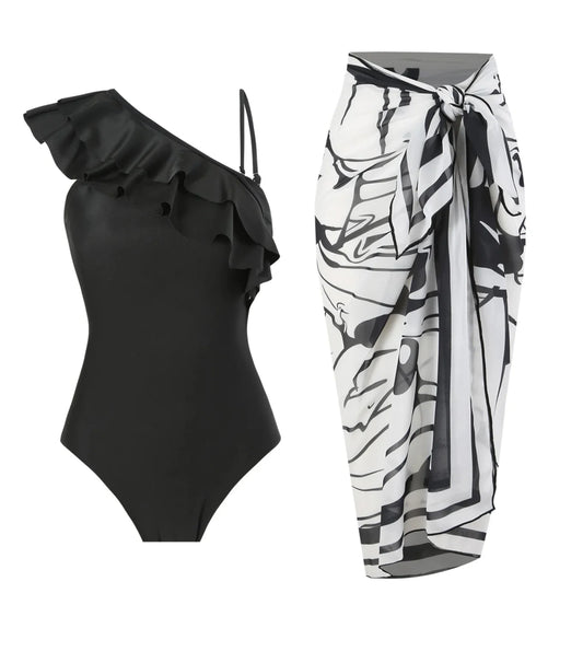 Conjunto de Traje de Baño Completo Negro con Volados y Falda Pareo Estampada Ref: 0556