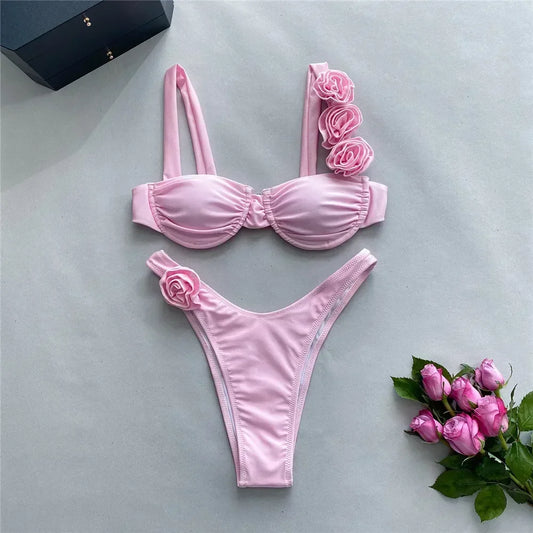Bikini con Apliques Florales y Tirantes Anchos Ref: 0131