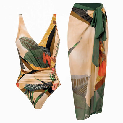Conjunto de Traje de Baño Completo Drapeado y Falda Estampada Tropical Ref: 0568