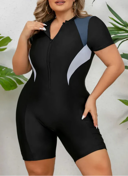 Traje de Baño Completo Plus Size Deportivo con Mangas Cortas y Cremallera Ref: 0613