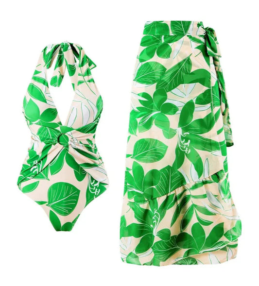 Conjunto Estampado con Traje de Baño Completo Escote en V y Falda Pareo Ref: 0550