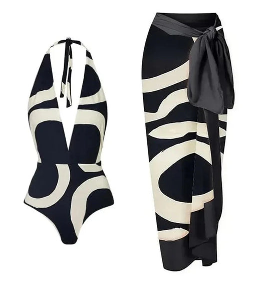 Conjunto Estampado con Traje de Baño Completo Escote Profundo y Falda Pareo Ref: 0558