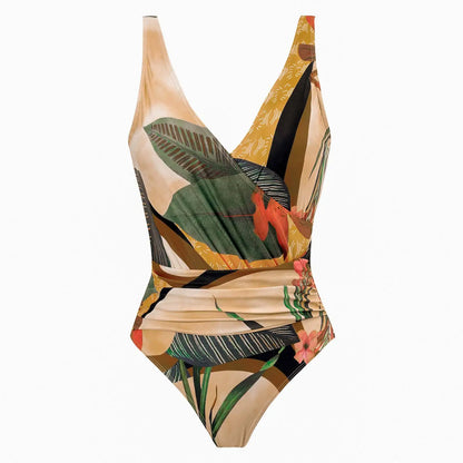 Conjunto de Traje de Baño Completo Drapeado y Falda Estampada Tropical Ref: 0568
