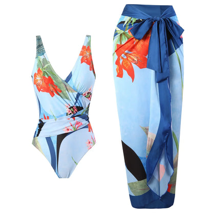 Conjunto de Traje de Baño Completo Drapeado y Falda Estampada Tropical Ref: 0568