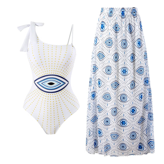 Conjunto de Traje de Baño Completo Ojo Griego y Falda Larga Estampada Ref: 0557