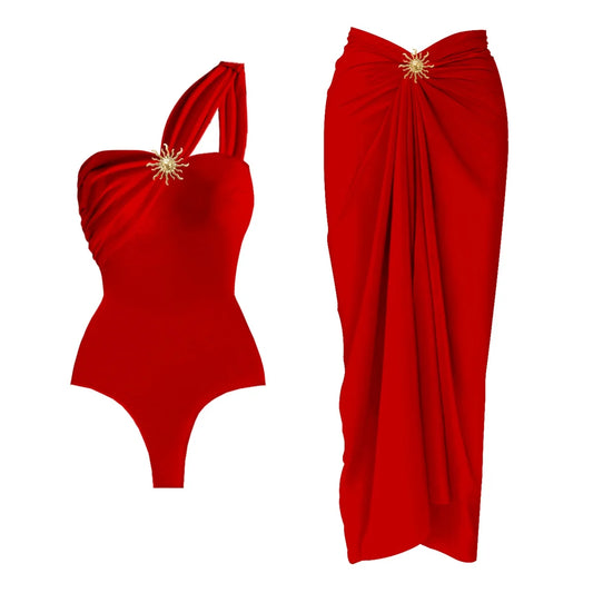 Conjunto de Traje de Baño Completo con Falda Pareo y Apliques Dorados Ref: 0563