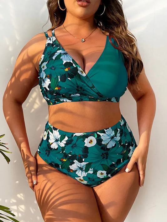 Bikini Plus Size de Cintura Alta con Tirantes Dobles y Estampa Floral Ref: 0652