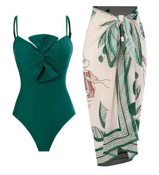 Conjunto de Traje de Baño Completo Verde Torzado y Falda Pareo Estampada Ref: 0555
