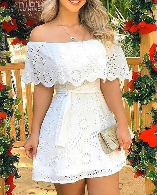 Vestido Off Shoulder en Broderie con Cintura Ajustable Ref: 0268